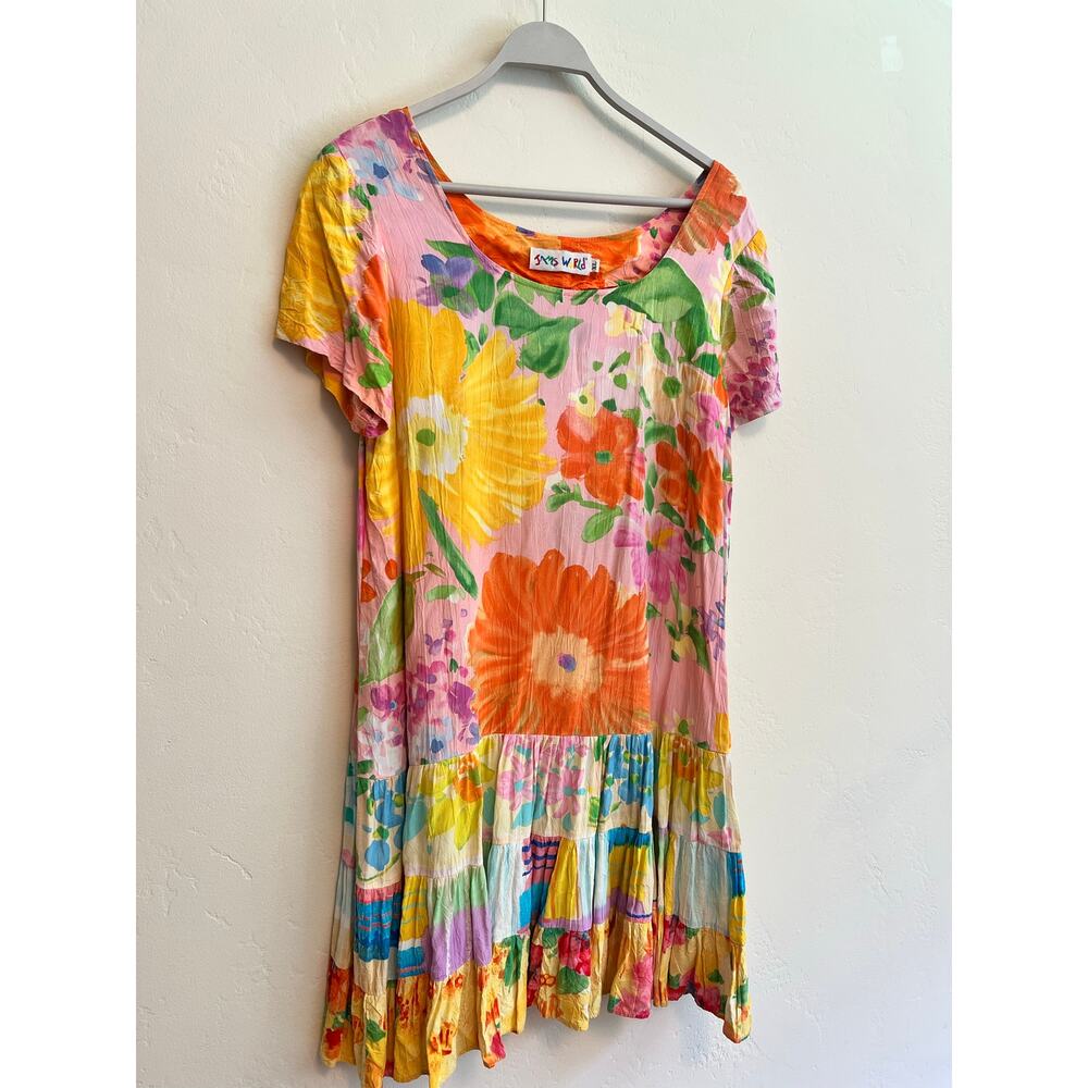 Vintage Jams World Dress Coral Garden Floral Hawaii Rayon Tiered Knee Length XL - Picture 3 of 9